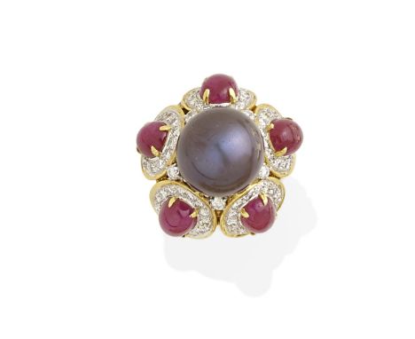 A colored pearl, ruby and diamond ringcentering a colored pearl measuring approximately 13.36 x 13.39mm;  mounted in 18k two-