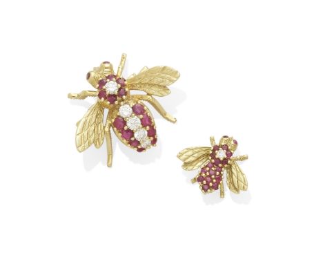 A set of ruby and diamond bee brooches,  Rosenthal mounted in 18k gold; measuring: 21/32 x 3/4 and 1 x 1/4in.; maker's mark f