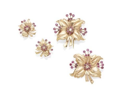 a pair of ruby and diamond ear clips and two dress clips, circa 1940 mounted in 14k rose gold; gross weight approximately: 43