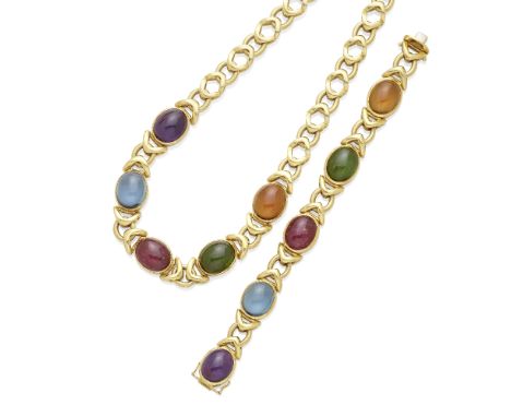 A colored stone necklace and bracelet seteach piece centering an oval cabochon-cut amethyst, topaz, pink tourmaline, green to