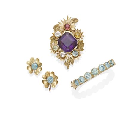 A collection of get-set jewelrya brooch centering a square step-cut amethyst measuring approximately 25.00 x 25.87 x 15.88mm;