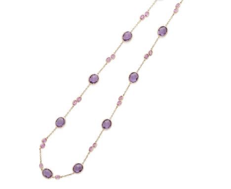 An amethyst and pink sapphire station necklace, Paolo Costagli mounted in 18k rose gold; gross weight approximately: 40 grams