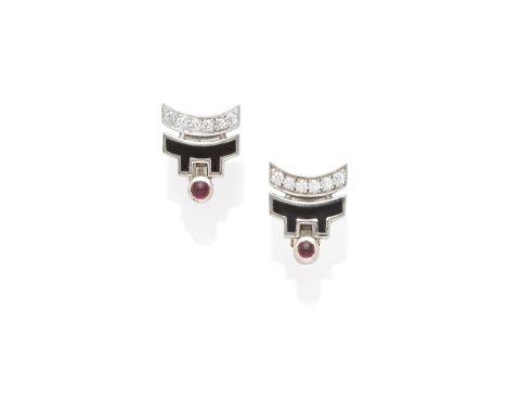 A pair of Diamond and ruby ear clips, Cartier mounted in 18k white gold; dimensions: 1/2 x 1/2in.; signed: Cartier; numbered: