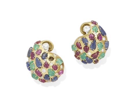A pair of carved gem and diamond ear clipscentering carved rubies, sapphires and emeralds; mounted in 18k gold; estimated tot