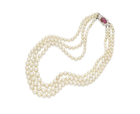 A triple strand cultured pearl necklacecomposed of three graduated strands of cultured pearls, measuring approximately 3.49 t