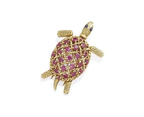 A ruby and cabochon sapphire turtle brooch, Cartier, France mounted in 18k gold; signed: Cartier, France, no. 13139