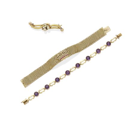 An antique diamond bar pin, amethyst bracelet and a ruby and diamond bracelet mounted in 14k gold; gross weight approximately
