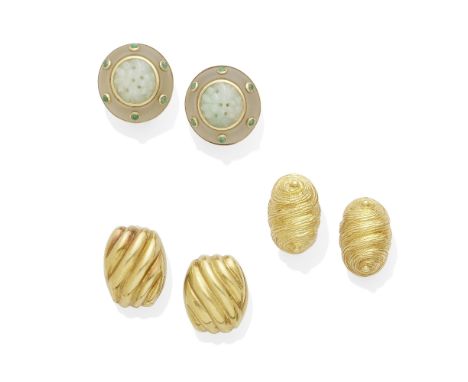two pairs of gold earclips and a pair of jade ear clips mounted in 18 and 14k gold; gross weight approximately: 68 grams