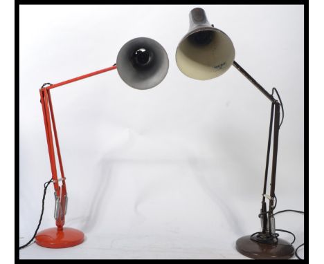 A vintage industrial&nbsp; mid 20th century Herbert Terry anglepoise desk lamp in it's original orange colourway together wit