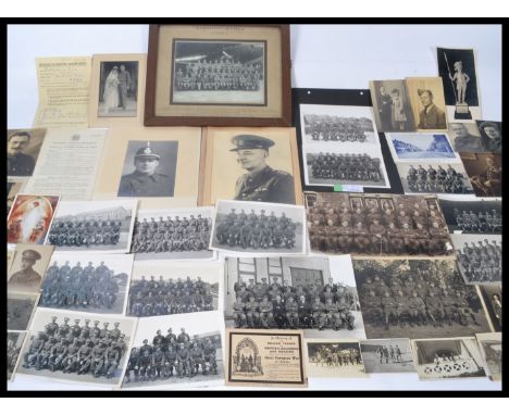 Military. Selection of British Army WWI/WWII photographs and ephemera. Frame measures 32 cm high and 27 cm wide.