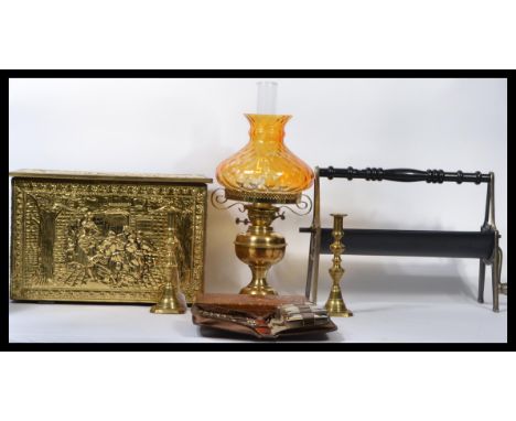 A collection of vintage items to include a pair of 19th century Georgian pusher candlesticks , a Dutch master scene brass box