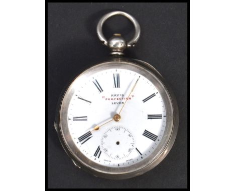 A silver 19th century Kays Perfection Lever pocket watch. Enamel face with roman Numeral chapter ring, subsidiary dial. The s