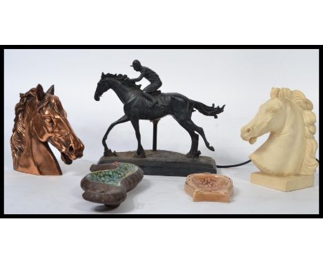 A vintage 20th century horse racing equestrian table lamp along with a copper and resin statue bust of a horse , a Beswick se