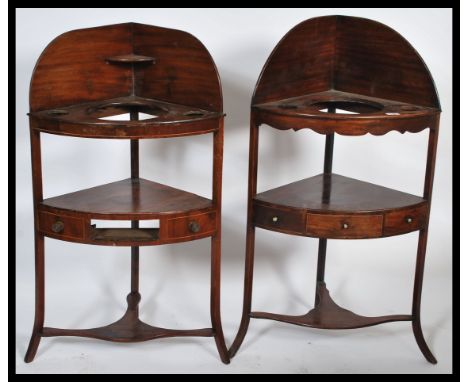 2 19th century Georgian mahogany corner washstands of similar form. Each raised on squared legs united by lower tier stretche