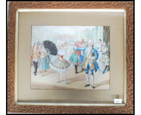 A 19th century watercolour painting of a dandy gent and lady dancing at a fancy dress ball with orchestal band playing to the