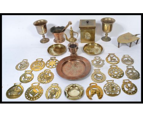 A group of vintage metal ware to include a pair of 18th century bronze ecclesiastical chalices , a bronze pestle and mortar ,