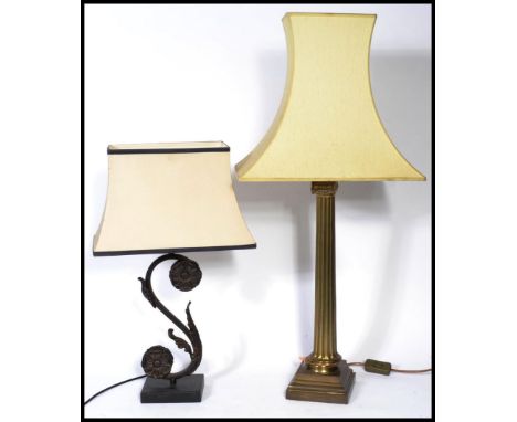A large antique style brass roman columned table lamp with large shade together with a rococo&nbsp;style table lamp with simi