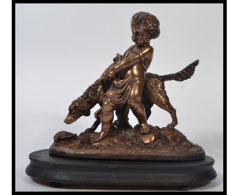 After Auguste Joseph Peiffer. A 20th century bronze effected statuette of a child and dog raised over naturalistic plinth sig