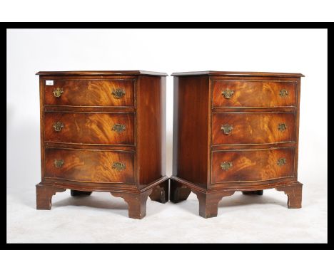 A good pair of mahogany bow fronted Georgian revival bedside chests of drawers. Each with bracket feet, bow fronted bank of d