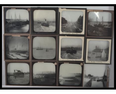 A collection of early 20th century glass plate magic lantern slides all featuring various scenes of boats and ships. Most hav
