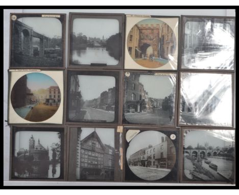 Two vintage wooden magic lantern slide cases full with vintage magic lantern slides, including , views , buildings etc. Pleas