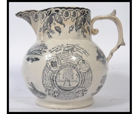 A 19th century pearlware jug ' Farmers Arms ' /&nbsp; ' God Speed the Plough...in God is our Trust having verse and notation,