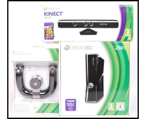 A Microsoft Xbox 360 Kinect Ready games console (250GB), along with Kinect Sensor &amp; wireless speed wheel. Console sealed 