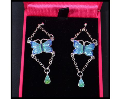 A pair of sterling silver and enamel drop earrings in the form of butterflies. In presentation box.