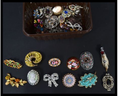 A collection of approx 26 vintage 20th century brooches to include Italian micromosaic , cameo , rhinestone , enamel , Scotti