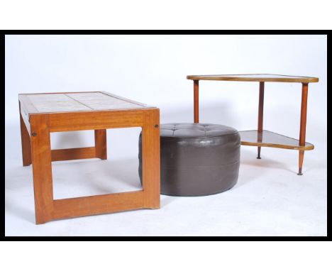 A retro 1970's teak wood and tile top rectangular coffee table together with a mid century triangular side / lamp table and a