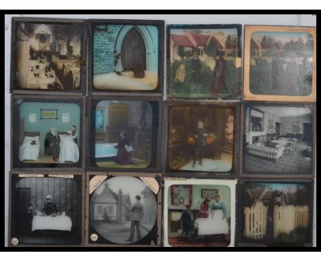 A vintage wooden magic lantern slide case full with vintage magic lantern slides, mostly views of people with notation for Li