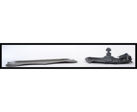 A stunning Art Nouveau pewter inkwell / desk tidy together with am Arts and Crafts hand beaten pewter tray stamped to the bas