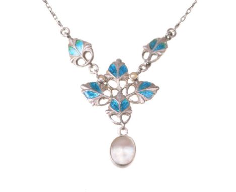An Art Nouveau silver, pearl and enamel necklace, circa 1915
Unmarked, composed of a central leaf section, surmounted by two 