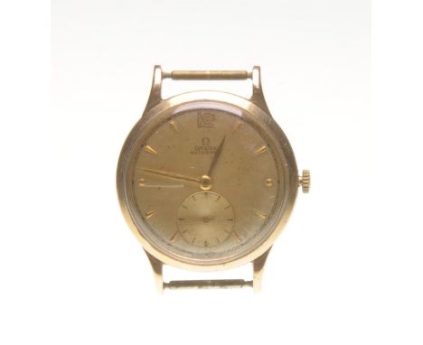 Omega: A 9ct gold manual wind wristwatch
The gold tone dial with applied batons and Arabic numbers, outer printed five minute