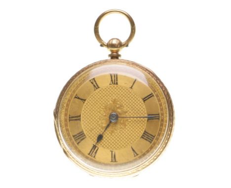 An 18ct gold key wind pocket watch 
The gold tone dial, with central foliate decoration, black Roman numerals, gold dotted ou