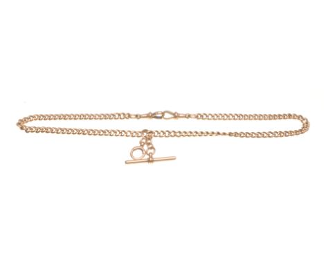 A 9ct rose gold Albert chain
The curb-link chain with T-bar attached, length 42cm, weight 34.5g 
