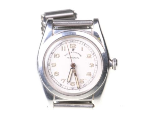 Rolex: A 1950s stainless steel Oyster Perpetual manual wind bracelet watch
The silvered signed dial with luminescent Arabic n