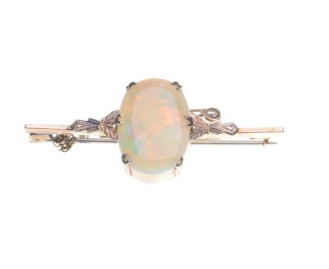 An opal bar brooch
The oval cabochon-cut opal, flanked by geometric shoulders to a gold bar, stamped 9ct, with safety chain a