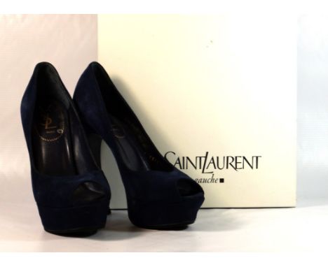 A pair of Yves Saint Laurent shoes 
Palais 105 open pump in Navy Suede, size 39, with original box. 

