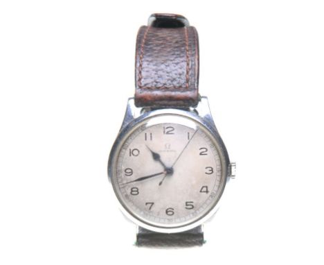 Omega: A 1940s stainless steel manual wind wristwatch
The dial with black Arabic numbers, outer printed five minute divisions
