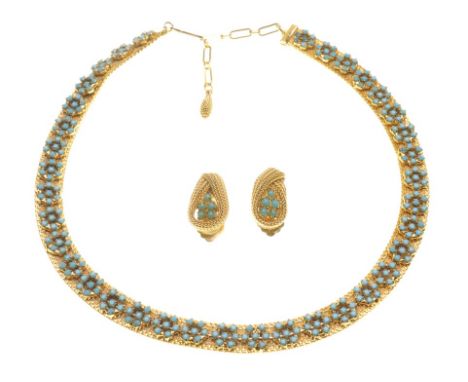Christian Dior: A 1960s matched imitation turquoise set collar necklace and ear clip suite
The collar necklace set throughout