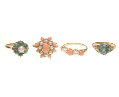 A collection of four rings
To include, a coral and seed pearl cluster ring, 9ct gold mount, ring size M, a coral and half pea