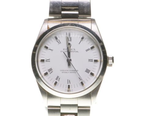 Rolex: An Oyster Perpetual stainless steel automatic bracelet wristwatch
The signed white dial, superlative chronometer, with