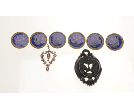 A French set of six gilt-metal and enamel buttons 
Of circular from, with blue and pink foliate enamel decoration, cased, dia