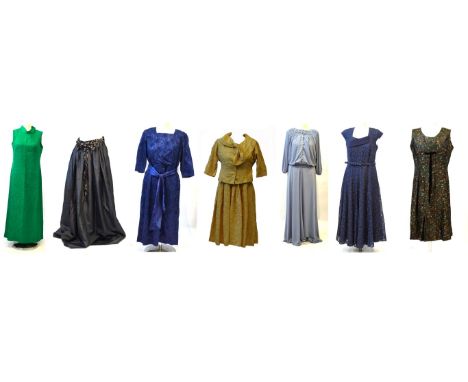 A collection of vintage mid 20th Century dresses 
To include a green crepe sleeveless dress with high neck, a black satin flo