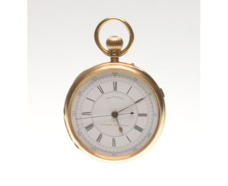 A late 19th century 18ct gold chronograph pocket watch
The white enamel dial with black Roman numerals and outer seconds scal