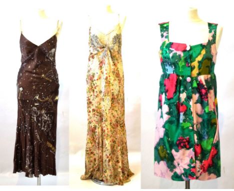 A collection of contemporary designer dresses 
To include a Roberto Cavalli silk 'Galaxy' strappy dress, size medium, a Badgl