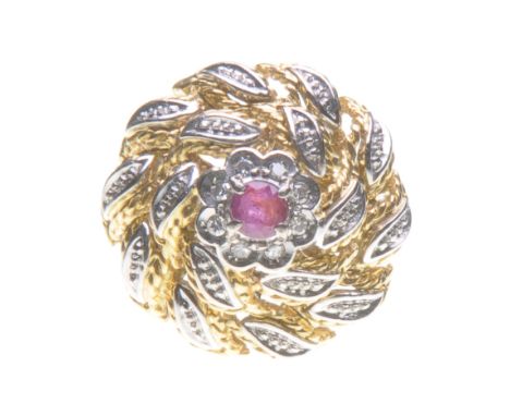 A ruby and diamond bombe dress ring
The centre set with a circular shaped ruby, to a single-cut diamond cluster, to a bi-colo