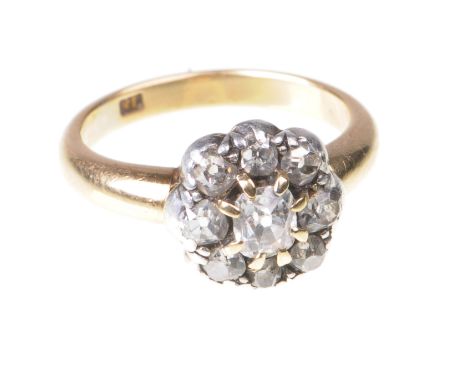 A late 19th century diamond cluster ring
The central oval old-cut diamond, to a round old-cut diamond surround, shank stamped