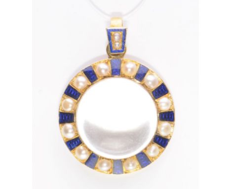 A Victorian pearl, enamel and rock crystal pendant
Of circular form, the open back cabochon-cut rock crystal centre, to a sur